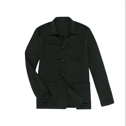 The Sid Mashburn Chore Jacket is a spruce green button-up with a collar, three front pockets, and long sleeves, crafted from soft cashmere flannel and shown against a white background.
