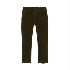 The Sid Mashburn Clift Jean is a pair of dark green corduroy pants with a straight-leg cut, front button closure, belt loops, and side pockets featuring a classic five-pocket silhouette, displayed on a white background.