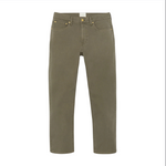 The Sid Mashburn Clift Jean is a pair of straight-leg, olive green garment-dyed jeans with a five-pocket silhouette and belt loops, shown on a white background.