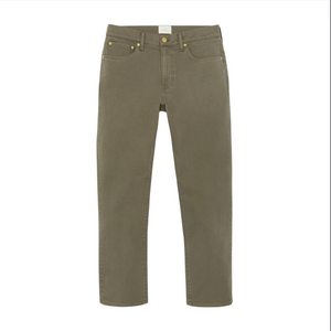 The Sid Mashburn Clift Jean is a pair of straight-leg, olive green garment-dyed jeans with a five-pocket silhouette and belt loops, shown on a white background.