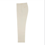 A pair of cream-colored Sid Mashburn Side-Tab Dress Trousers, featuring a flat front, zipper fly with button closure, a single back pocket, and crafted in Portugal, shown against a white background.