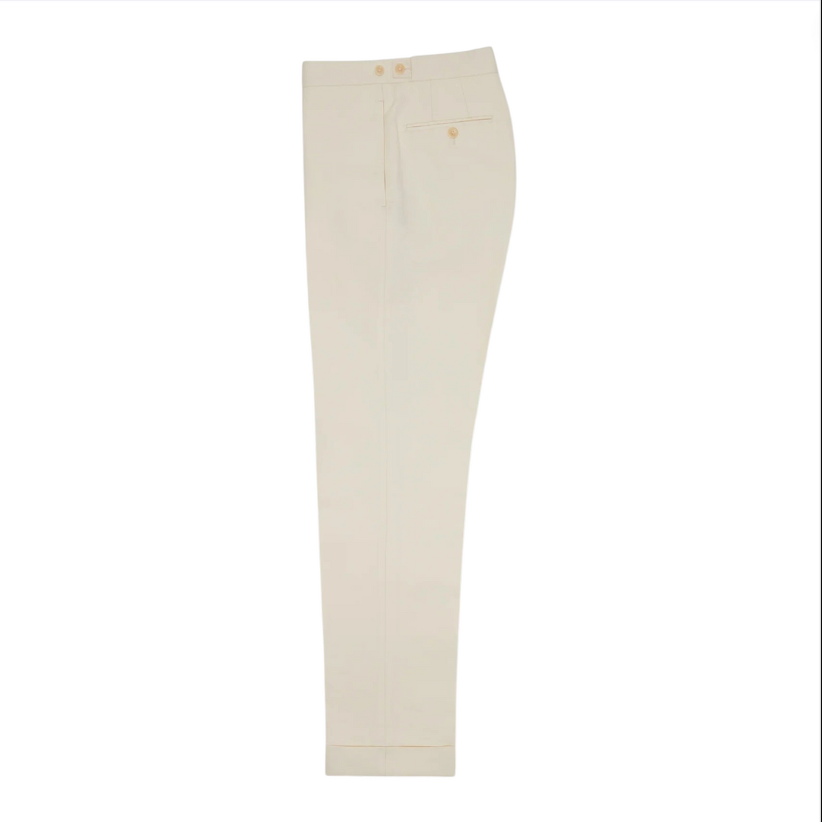 A pair of cream-colored Sid Mashburn Side-Tab Dress Trousers, featuring a flat front, zipper fly with button closure, a single back pocket, and crafted in Portugal, shown against a white background.