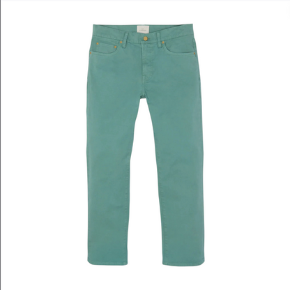 The Sid Mashburn Slim Straight 5-Pocket Pant is crafted from Italian twill and garment-dyed in a rich teal shade, featuring front and back pockets, belt loops, and gold-tone rivet details. Shown on a white background.