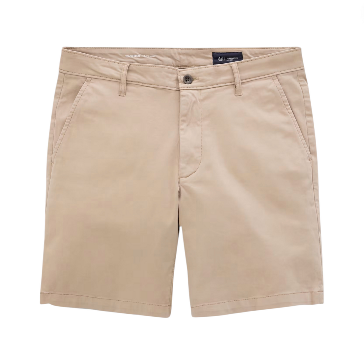 The AG Jeans Wanderer Shorts are beige cotton shorts with a tailored look, designed with front and back pockets, belt loops, and a button closure, shown on a white background.