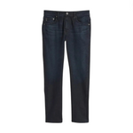 A pair of Everett Slim Straight Jeans by AG Jeans in dark blue, showcasing a classic five-pocket style, button closure, and slim straight leg design, displayed against a white background.