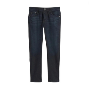 A pair of Everett Slim Straight Jeans by AG Jeans in dark blue, showcasing a classic five-pocket style, button closure, and slim straight leg design, displayed against a white background.