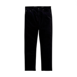 A pair of AG Jeans Tellis Modern Slim Sueded Stretch Sateen jeans for men in black, crafted from comfortable stretch sateen fabric with a slim straight fit, featuring five pockets, button closure, and belt loops, displayed on a white background.