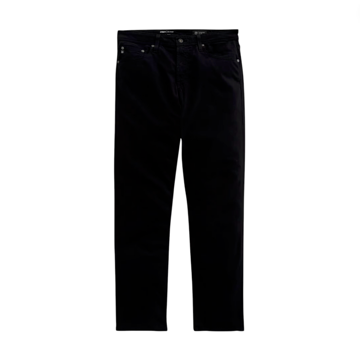 A pair of AG Jeans Tellis Modern Slim Sueded Stretch Sateen jeans for men in black, crafted from comfortable stretch sateen fabric with a slim straight fit, featuring five pockets, button closure, and belt loops, displayed on a white background.