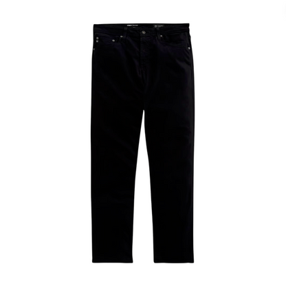 A pair of AG Jeans Tellis Modern Slim Sueded Stretch Sateen jeans for men in black, crafted from comfortable stretch sateen fabric with a slim straight fit, featuring five pockets, button closure, and belt loops, displayed on a white background.