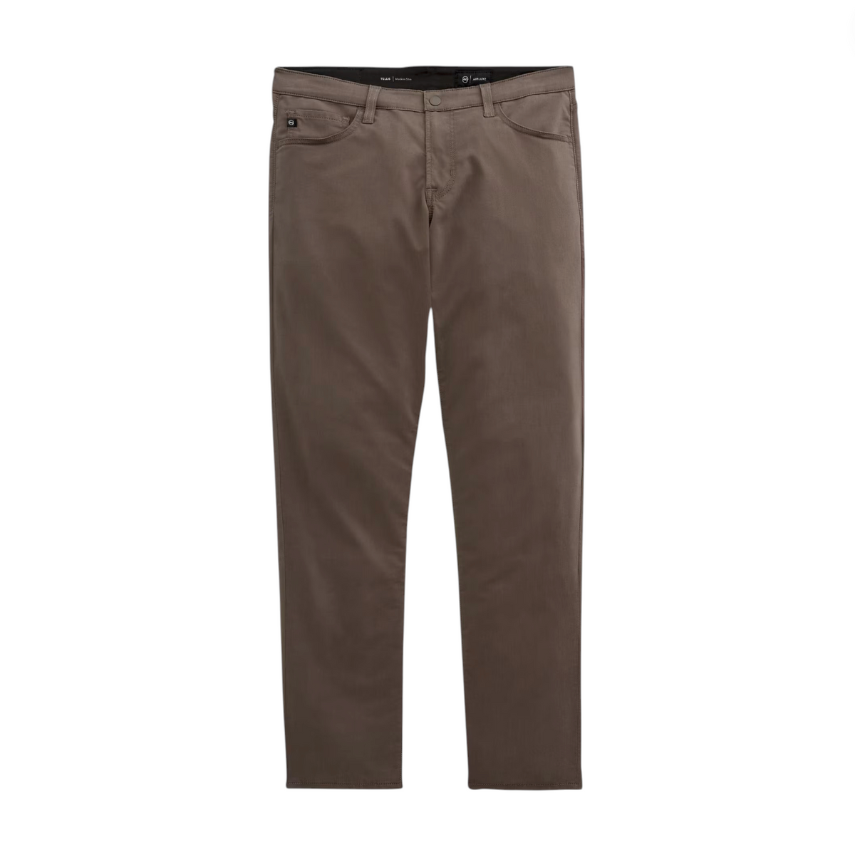 The Tellis Modern Slim Denim jeans by AG Jeans, crafted from Comfort Stretch Indigo Denim in a brown hue and featuring front and back pockets, are displayed against a white background.