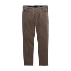 The Tellis Modern Slim Denim jeans by AG Jeans, crafted from Comfort Stretch Indigo Denim in a brown hue and featuring front and back pockets, are displayed against a white background.