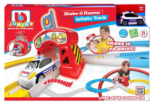 Toy police car track set packaging featuring the “Maisto Shake-it Runner Infinity Track”—an exciting racing track set complete with a police car, dynamic track pieces, and children enjoying playtime. The box displays product details and highlights this fun emergency vehicle toy with a vibrant image of the car.