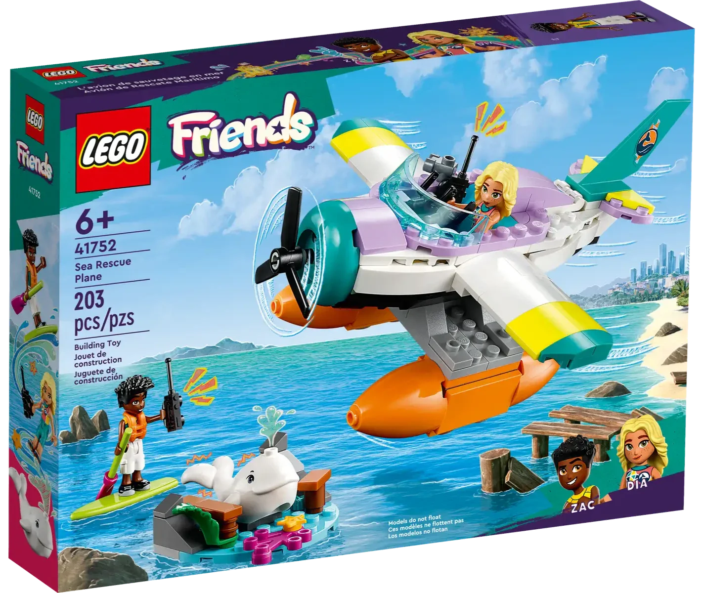 The Legos - Toyhouse LEGO® Friends Sea Rescue Plane set (41752) features a vibrant plane, a dolphin, and two mini-dolls, Zac and Dia, displayed on the box. This building toy set is suitable for ages 6+ and contains 203 pieces.