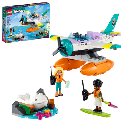 The LEGO® Friends Sea Rescue Plane set from Legos - Toyhouse features a seaplane, two character minifigures, a dolphin figure, and various accessories. A box image is also included in the background.