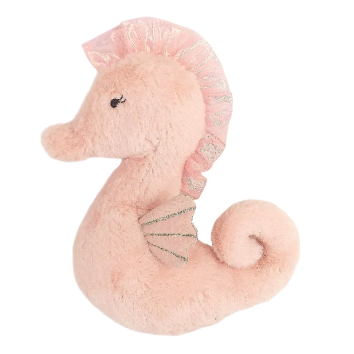 Saby the Seahorse by Mon Ami features a curly tail, embroidered eye, and shimmery pink fin and mane—part of the Mon Ami sea life collection.
