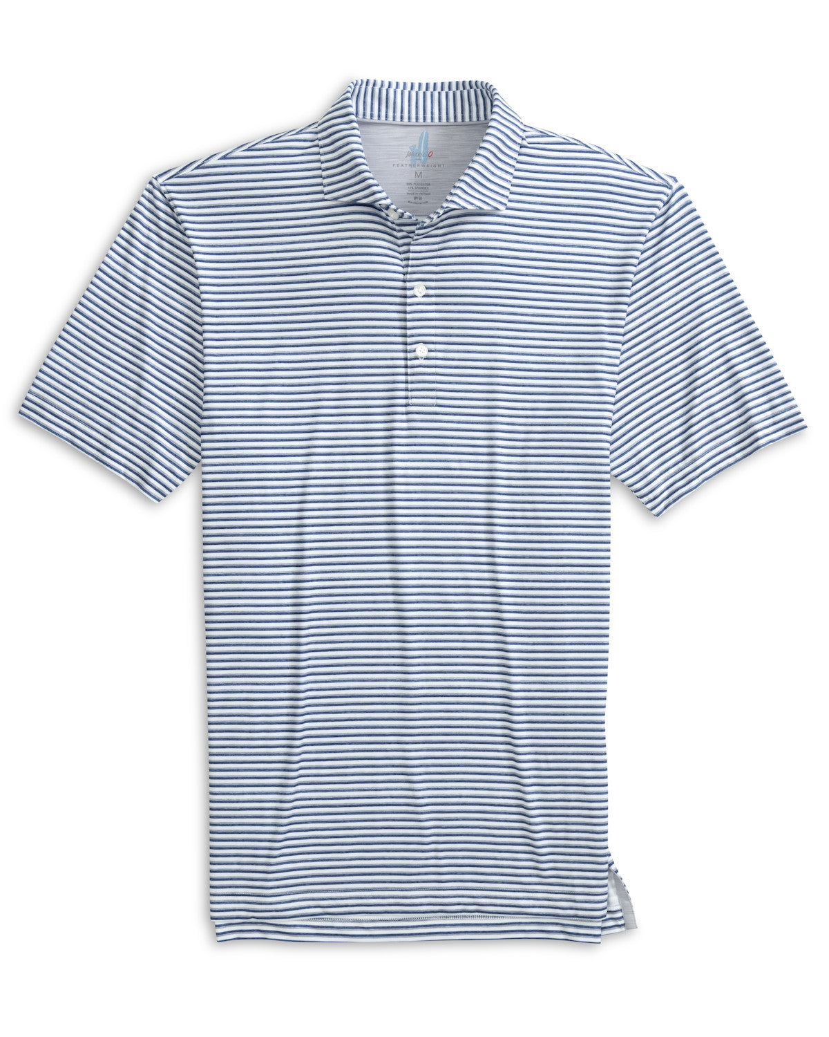 From Johnnie-O's Featherweight Collection, the Warwick Polo in blue and white stripes features short sleeves and a soft three-button placket, making it a standout performance polo.