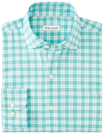 The folded Peter Millar Morris Crown Lite Cotton-Stretch Sport Shirt in teal and white plaid features a button-up design, a collar, and offers UPF 50+ sun protection.