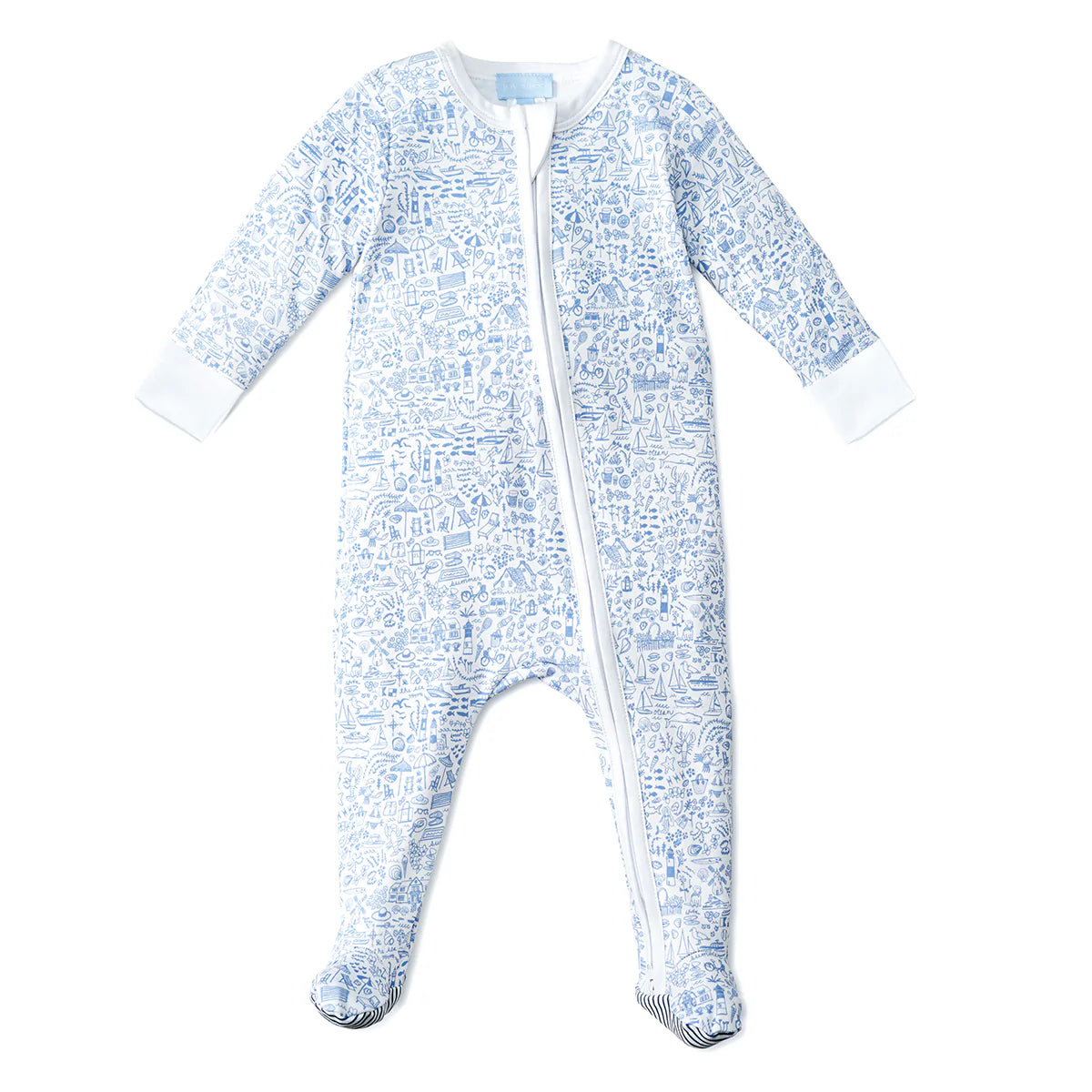 The Joy Street Baby Seaside Zip Onesie features a blue and white seaside print, long sleeves, footed legs, and a front zipper closure—perfect for capturing those summer vibes.