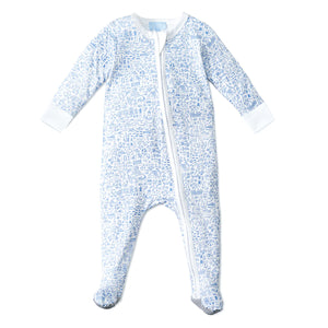 The Joy Street Baby Seaside Zip Onesie features a blue and white seaside print, long sleeves, footed legs, and a front zipper closure—perfect for capturing those summer vibes.