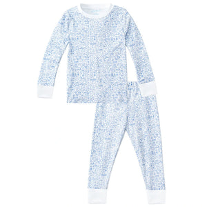 The Joy Street Baby Seaside Two Piece Pajama features long sleeves, blue and white intricate seaside print, and white cuffs—perfect for little ones who love summer traditions by the shore.
