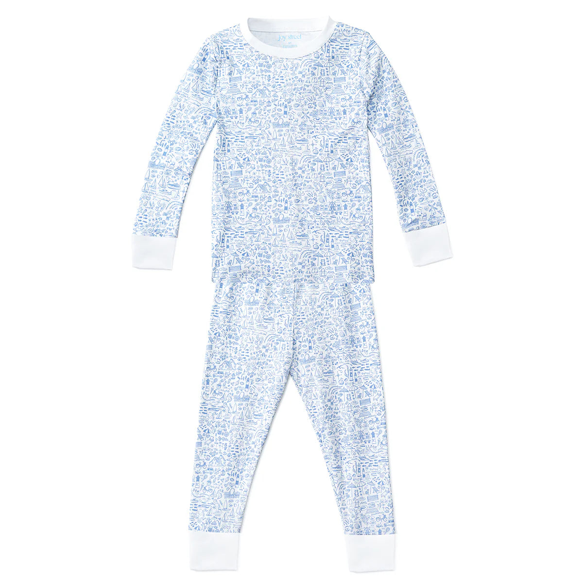 The Joy Street Baby Seaside Two Piece Pajama features long sleeves and pants with a light blue and white Seaside print and white cuffs. Perfect for cozy nights inspired by summer traditions.