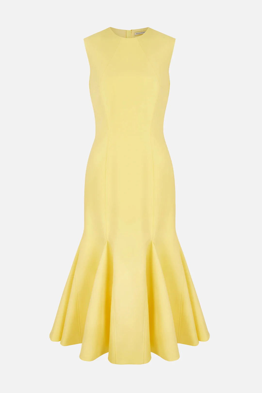 The Emilia Wickstead Seema Dress is a sleeveless, fitted yellow summer wool dress with a flared trumpet-style hem, shown against a plain white background.