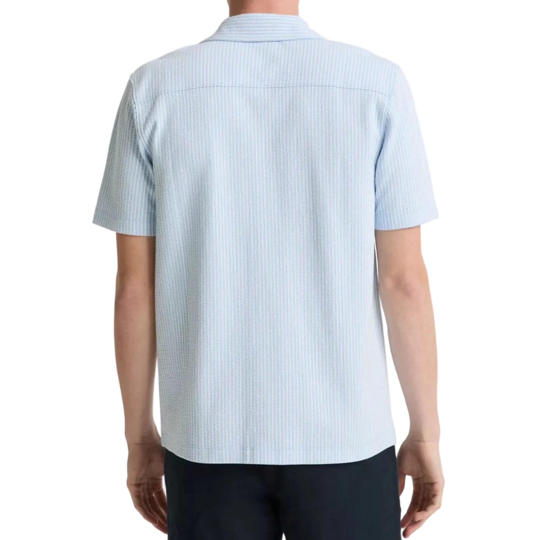 A person is seen from the back against a white background, wearing the vince Seersucker Stripe Shortsleeve Cabana Shirt in light blue and dark pants.