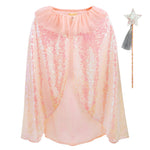 The Meri Meri Iridescent Sequin Cape, featuring a pink tulle collar and open front, is complemented by a matching star wand embellished with a tassel.