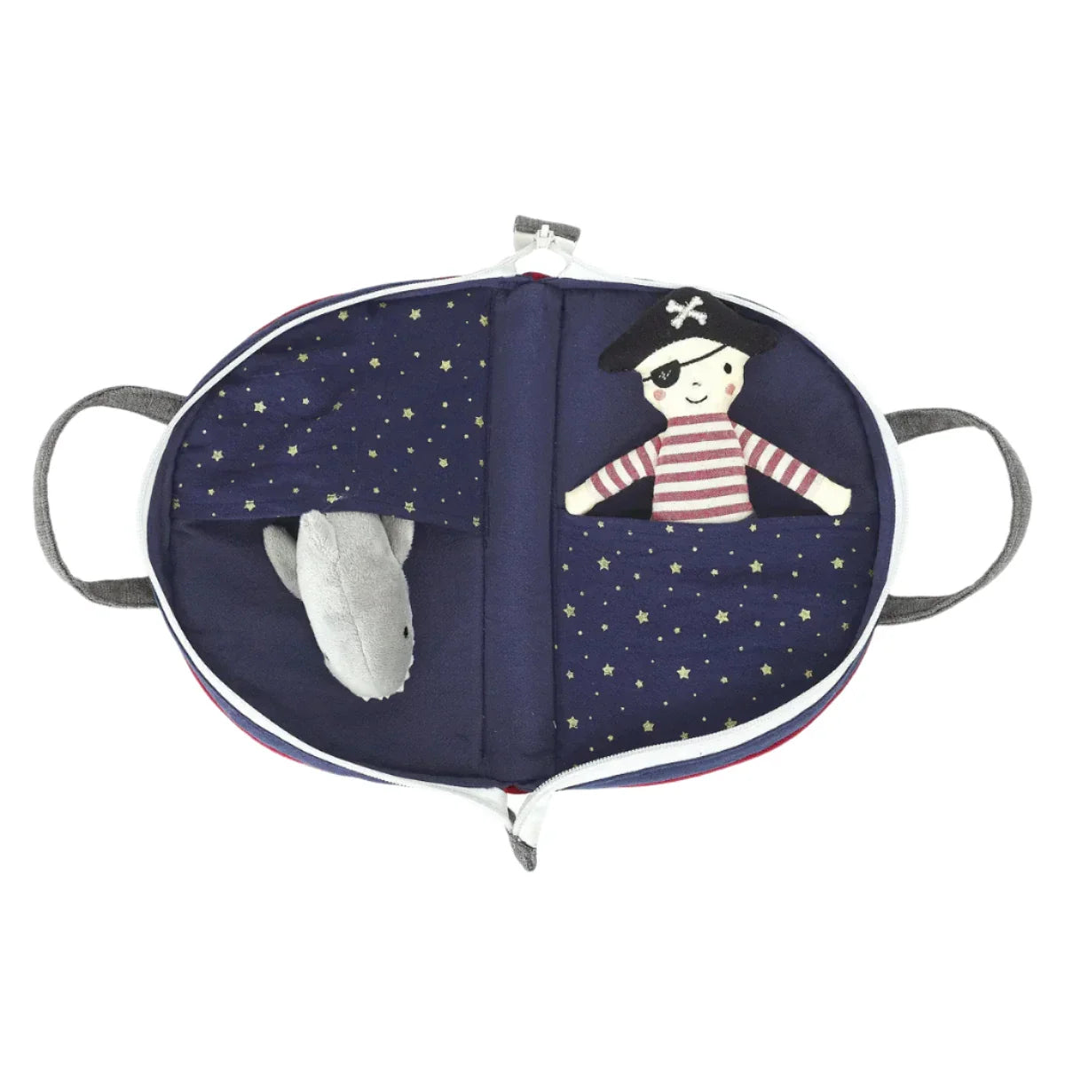 Introducing the MON AMI Pirate Play Case Set by Mon Ami: a delightful soft toy book that includes a pirate doll and a hidden shark, all wrapped in starry fabric, which also serves as an ideal play purse.