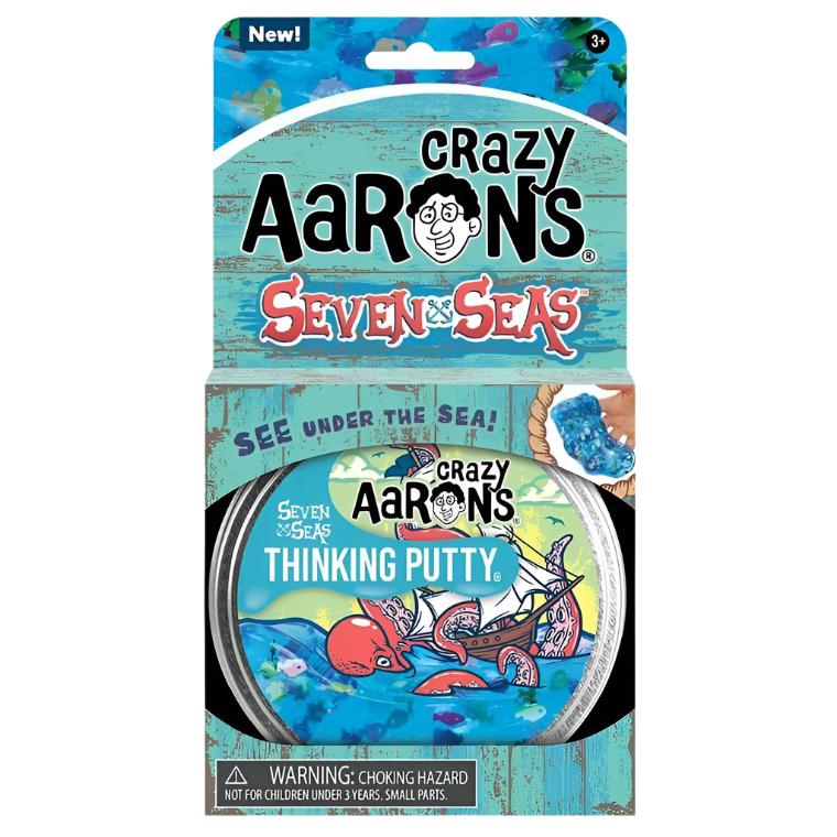 The packaging of Crazy Aarons' Thinking Putty, made from non-toxic silicone, showcases underwater sea creatures with an octopus design against a blue-green background, making it ideal for sensory integration.