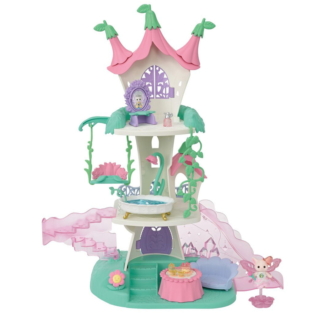 The Calico Critters Fairytale Tower is a three-story toy set in pink, green, and white, featuring flower-themed furniture, a swing, bathtub, spiral slide, and includes a Nectar Fairy figure displayed on the bottom right.