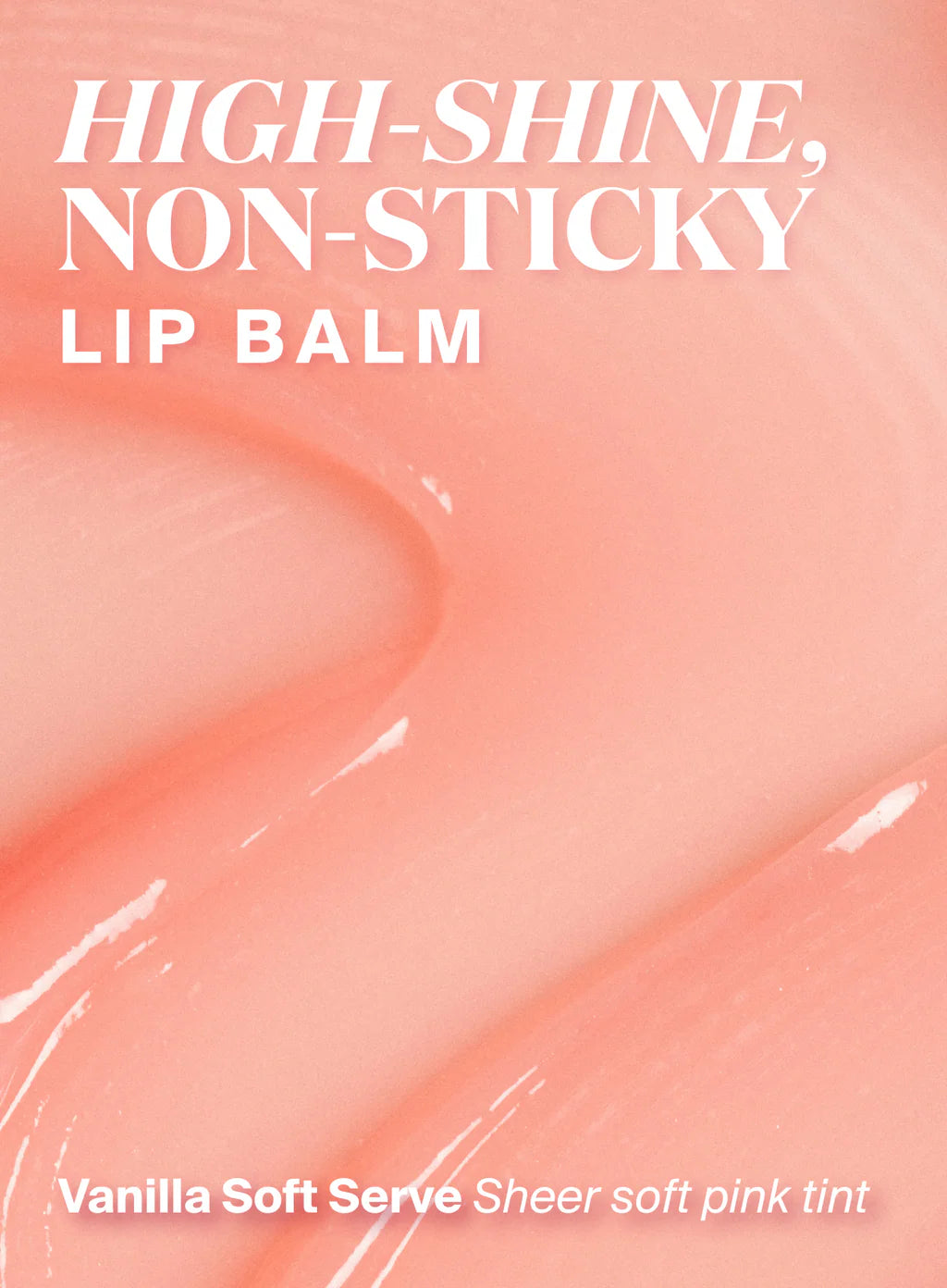 Close-up of Supergoop Glow Gloss Lip Balm SPF 40 in light pink: "High-shine, non-sticky finish. Vanilla Soft Serve shade gives a sheer soft pink tint and ultra-hydrated lips.