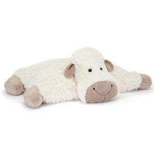 Meet the Jellycat Truffles Sheep, the perfect naptime companion! This soft doll from Jellycat features a fluffy white body, beige ears and feet, and a brown smiling face as it lies flat on its belly.