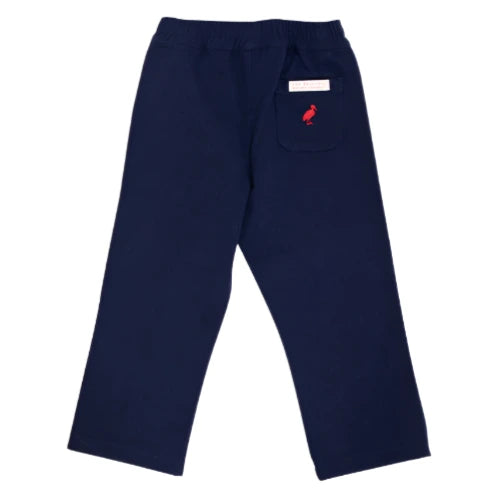 Baby Boys' and Boys' Sheffield Pants by The Beaufort Bonnet Company in navy blue, feature an elastic waistband, a single back pocket, and a small embroidered red bird logo.