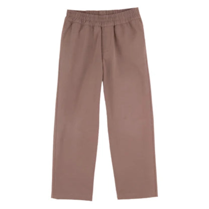 The Beaufort Bonnet Company’s Baby Boys' and Boys' Twill Sheffield Pants in Gray Bay Brown feature a comfortable elastic waistband and classic straight-leg style, laid flat on a white background.