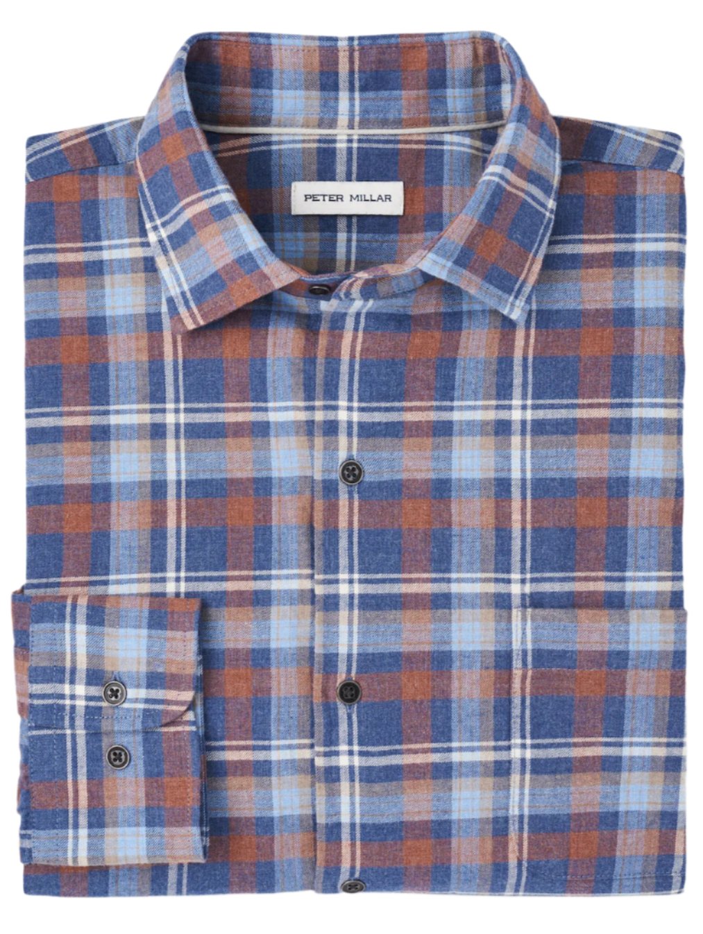 The Peter Millar Sherbrooke Cotton Sport Shirt features a classic fit with a folded plaid design in blue, orange, and white tones, complete with a visible Peter Millar brand label inside the spread collar.