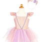 Displayed on a mannequin is the Great Pretenders Shimmer Unicorn Dress & Headband, which consists of a pink and purple unicorn-themed dress with a tulle skirt, complemented by a matching headband.