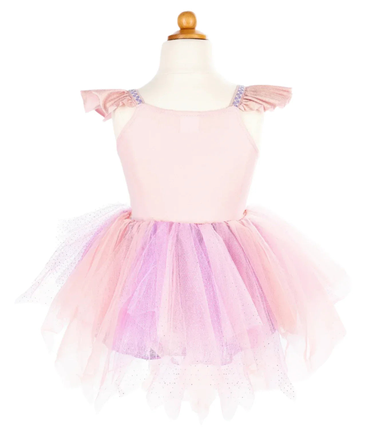 The Great Pretenders Shimmer Unicorn Dress & Headband enchants the mannequin with its whimsical design, showcasing a pink and purple tutu complemented by ruffled straps. The layered tulle skirt adds a magical touch, making it perfect for charming occasions.