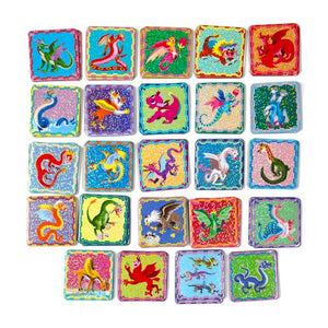 Eeboo’s Dragons Shiny Memory & Matching Game features twenty-four vibrant tiles, each adorned with a unique illustrated mythical creature—including dragons, griffins, unicorns, and mermaids—arranged in a grid on a white background for a magical memory game experience.