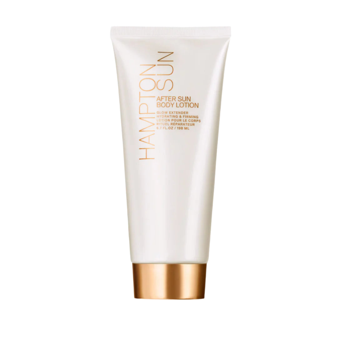 A white tube of Hampton Sun After Sun Body Lotion with gold accents and a skin-firming formula stands upright against a plain white background.