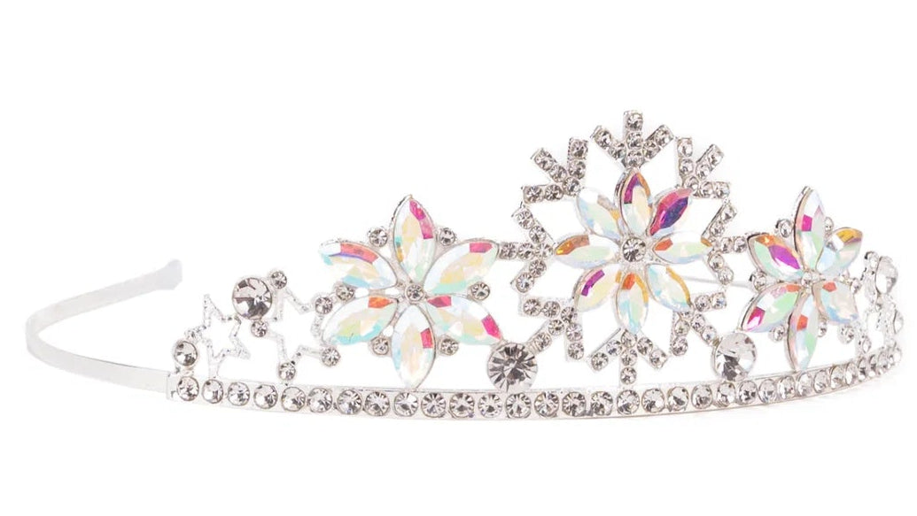 Boutique Snowflake Tiara by Great Pretenders, adorned with three large flower-shaped motifs and small clear rhinestones, featuring iridescent accents and opal-toned gems that capture the enchanting essence of winter.