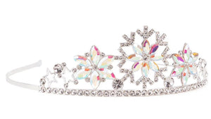 Boutique Snowflake Tiara by Great Pretenders, adorned with three large flower-shaped motifs and small clear rhinestones, featuring iridescent accents and opal-toned gems that capture the enchanting essence of winter.