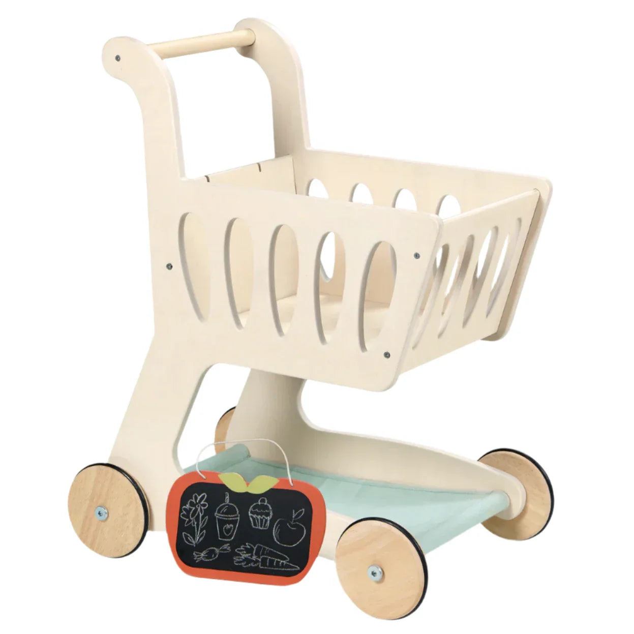 The Tender Leaf Shopping Cart by Tender Leaf Toys is a wooden toy cart equipped with a handle and four wheels. It includes an apple-shaped chalkboard that showcases drawings of food items, enhancing its playful design.