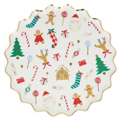 The Meri Meri Jolly Christmas Side Plates, by the brand Meri Meri, are decorated with enchanting Christmas-themed illustrations of reindeer, trees, gingerbread figures, Santa, candy canes, gifts, and stockings. These delightful paper plates bring a whimsical touch to any festive gathering.