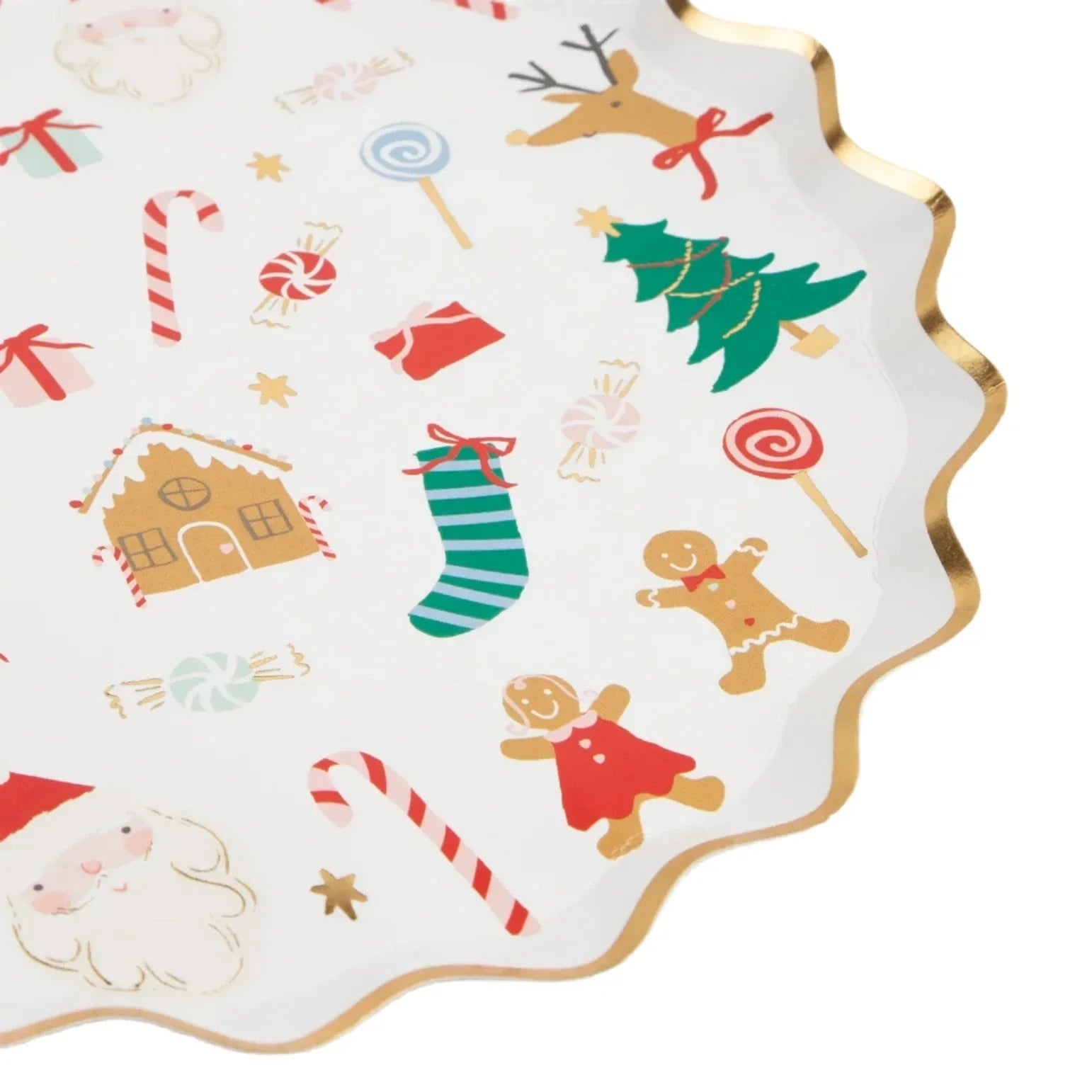 The Meri Meri Jolly Christmas Side Plates by Meri Meri are adorned with charming illustrations of a tree, gingerbread men, candy canes, and stockings on a wavy-edged plate with gold trim, making them perfect for any festive party.