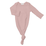 The Ribbed Knotted Gown by Angel Dear, a cozy and warm pink long-sleeve baby gown with a knotted bottom for easy diaper changes, is laid flat on a white background.