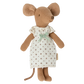 Introducing the Maileg Big Sister Mouse in Box - Nightgown, a charming toy from Maileg. This delightful stuffed mouse is dressed in a cute white dress adorned with small floral patterns and a green bow. Perfect for whimsical play, it even comes with its own matchbox bed for cozy nights of imaginative fun.