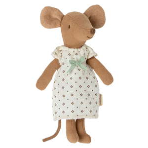 Introducing the Maileg Big Sister Mouse in Box - Nightgown, a charming toy from Maileg. This delightful stuffed mouse is dressed in a cute white dress adorned with small floral patterns and a green bow. Perfect for whimsical play, it even comes with its own matchbox bed for cozy nights of imaginative fun.