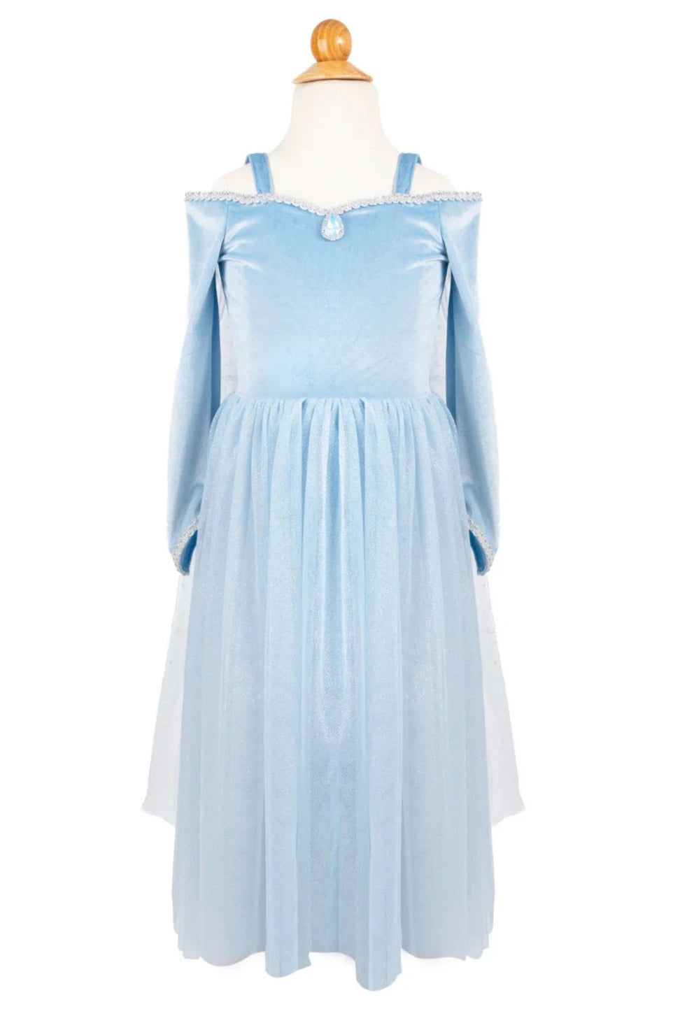 The Velvety Soft Princess Gown by Great Pretenders, in light blue with long sleeves, off-the-shoulder straps, and a full tulle skirt, is displayed on a dress form—ideal for any fairy tale costume adventure.