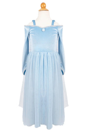 The Velvety Soft Princess Gown by Great Pretenders, in light blue with long sleeves, off-the-shoulder straps, and a full tulle skirt, is displayed on a dress form—ideal for any fairy tale costume adventure.